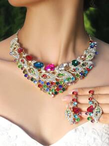1 set de bijoux de luxe collier et boucles d'oreilles en verre paon pour femmes, accessoires de mariage pour mariée