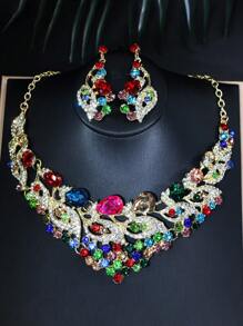 1 set de bijoux de luxe collier et boucles d'oreilles en verre paon pour femmes, accessoires de mariage pour mariée