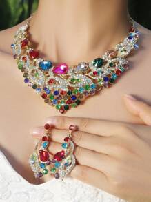 1 set de bijoux de luxe collier et boucles d'oreilles en verre paon pour femmes, accessoires de mariage pour mariée
