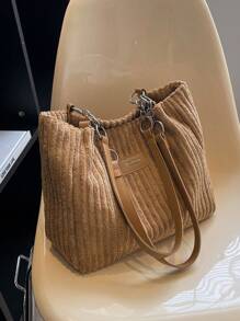 女士时尚灯芯绒手提包 - 宽敞时尚，配有固定肩带、拉链开合和涤纶衬里 - 有军绿色、卡其色、奶油色、黑色可供选择 - 彩色 - 查看 10