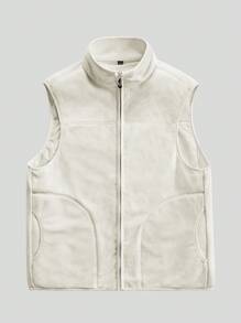 1 件女式运动风格保暖羊毛背心，白色涤纶立领无袖夹克 - 白色 - 查看 2