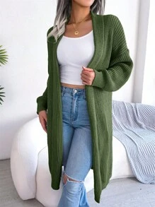 Women's Autumn And Winter Collar Long Cardigan Sweater Jacket Loose Fit Medium Long Style Simple Long Sleeved Versatile Temperament - 綠色 - 查看 2