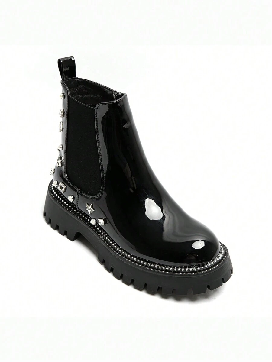 Women's Beige Suede Leather Studded Boots With Notched Sole And Metal Details - Black Shiny Leather - View 1