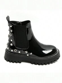 Women's Beige Suede Leather Studded Boots With Notched Sole And Metal Details - Black Shiny Leather - View 2