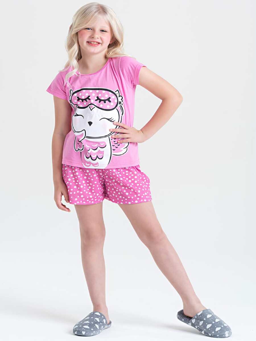 Girls Summer Pajamas With Owl Blouse And Shorts - Bụi hồng - Xem 1