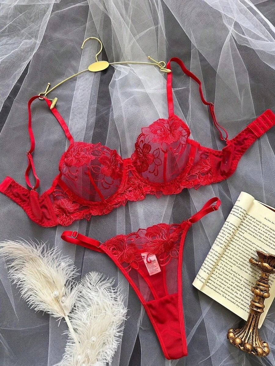 Style Dream 两件套女士玫瑰花卉刺绣网纱浪漫性感内衣套装，情人节、圣诞节、蜜月两件套女士超薄文胸 - 紅色 - 查看 1