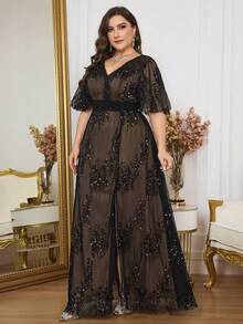 Elegant Plus Size Women's Long Black Mermaid Maxi Dress, V-Neck Ruffle Sleeve, Sequin Decor