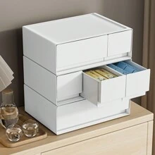 1 pieza Organizador de maquillaje para escritorio tipo cajón en color blanco, caja de almacenamiento tipo cajón, caja de joyas apilable y de combinación libre de varias capas
