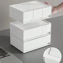 1 pieza Organizador de maquillaje para escritorio tipo cajón en color blanco, caja de almacenamiento tipo cajón, caja de joyas apilable y de combinación libre de varias capas