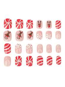 24 件方形圣诞短指甲，圣诞装饰美甲礼物，适合女士和女孩，雪花圣诞树姜饼人糖果图案设计，全覆盖可重复使用的按压指甲，假指甲贴纸 - 紅色 - 查看 5