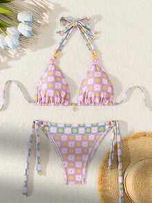 Women Floral Plaid Print Bikini Two Pieces Swimwear Set, Summer Beach