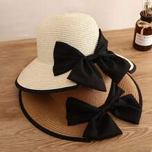2pcs Summer New Big Brimmed Straw Hat Women's Bow Hollow Breathable Grass Weaving Beach Vacation Sunshade Hat - Multicolor - View 2