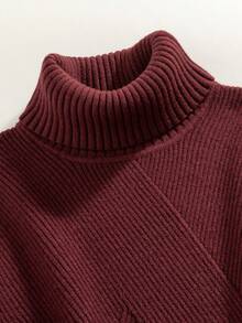 秋冬厚款高领女式保暖罗纹毛衣 - 酒紅色 - 查看 4