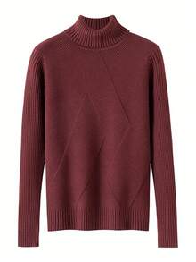秋冬厚款高领女式保暖罗纹毛衣 - 酒紅色 - 查看 1