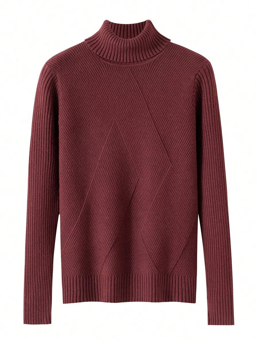 秋冬厚款高领女式保暖罗纹毛衣 - 酒紅色 - 查看 1