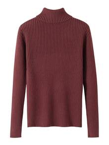 秋冬厚款高领女式保暖罗纹毛衣 - 酒紅色 - 查看 2