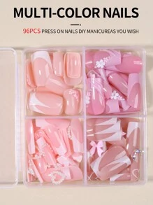 96 قطعة/علبة (4 مختلطة) أظافر فرنسية مربعة للضغط متوسطة الحجم مع فيونكة ثلاثية الأبعاد وخرز ولؤلؤ، مرصعة بالراين ستون مع علبة تخزين مصممة بشكل مثالي للأظافر الاصطناعية الأكريليك، تحتوي على 1 قطعة من الغراء الجيلي و 1 قطعة من مبرد الأظافر، سهلة التطبيق للأظافر الفرنسية للنساء والفتيات لاستخدامها في الحياة اليومية وحفلات الرقص، مستلزمات الأظافر