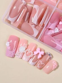 96 قطعة/علبة (4 مختلطة) أظافر فرنسية مربعة للضغط متوسطة الحجم مع فيونكة ثلاثية الأبعاد وخرز ولؤلؤ، مرصعة بالراين ستون مع علبة تخزين مصممة بشكل مثالي للأظافر الاصطناعية الأكريليك، تحتوي على 1 قطعة من الغراء الجيلي و 1 قطعة من مبرد الأظافر، سهلة التطبيق للأظافر الفرنسية للنساء والفتيات لاستخدامها في الحياة اليومية وحفلات الرقص، مستلزمات الأظافر