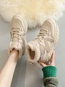 Giày thể thao đế dày mùa đông cho nữ, giày thể thao cổ cao buộc dây ấm áp, giày tập luyện ngoài trời ấm áp - Màu Khaki - Xem 2