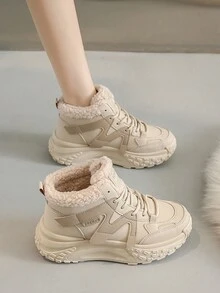 Giày thể thao đế dày mùa đông cho nữ, giày thể thao cổ cao buộc dây ấm áp, giày tập luyện ngoài trời ấm áp - Màu Khaki - Xem 5