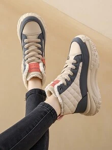 女士舒适保暖高帮运动鞋 - 休闲系带步行鞋，轻便保暖，适合冬季 - 藍色 - 查看 2