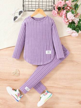 年轻女孩简约纯色罗纹长袖上衣+长裤套装
