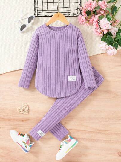 Conjunto de top de manga larga acanalado de unicolor + pantalones largos para niña joven