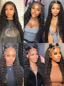 水波蕾丝前假发 13x4 透明蕾丝前卷发假发 女士真发 180% 密度假发 真发 预拔婴儿头发 自然色 - 黑色 - 查看 8