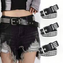 2024 新款方形珠铆钉腰带金属金字塔腰带女式朋克五金牛仔腰带 Y2K 腰带设计师腰带女士腰带夏季、秋季、万圣节 - 黑色 - 查看 3