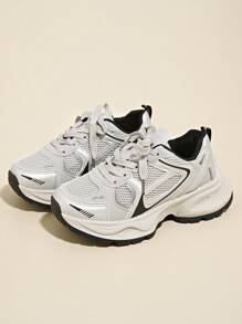 Women's Multi-Function Athletic Chunky Sneakers, Mesh Breathable Platform Wedge Casual Shoes, Lace-Up, Silver Grey, Stylish & For Daily Wear, Running