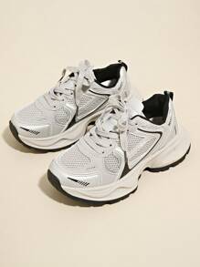 Women's Multi-Function Athletic Chunky Sneakers, Mesh Breathable Platform Wedge Casual Shoes, Lace-Up, Silver Grey, Stylish & For Daily Wear, Running