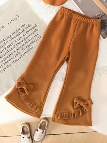 3 件套年轻女孩时尚休闲翻领夹克 + 蝴蝶结喇叭裤 + 配套帽子