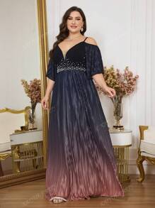 Plus Size Gradient Sequin Embellished Open Shoulder Cami Dress Elegant Prom Semi Formal Wedding Guest Dress, For Birthday, Graduation, Homecoming