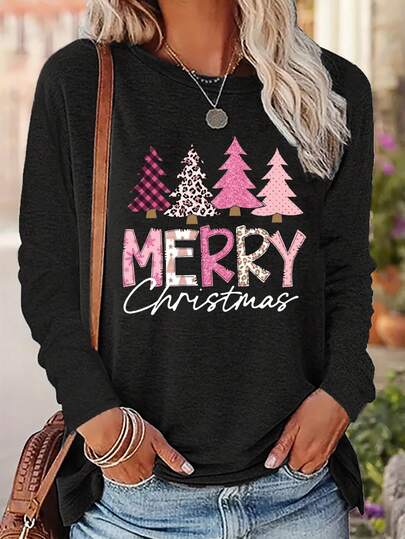 圣诞树与口号图案圆领长袖女式 T 恤