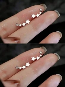 2 对精美时尚星形耳钉女士简约珠宝配饰 - 銀色 - 查看 4