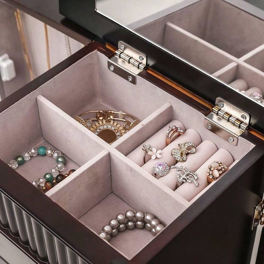 Wooden Jewelry Mirror Armoire Box Storage Chest Free Stand