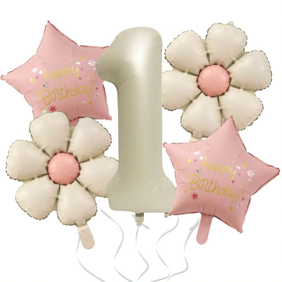 5pcs/Set Matte Milky White Small Flowers, Pink Stars, 32-Inch Number Decoration Suitable For Birthday Party, Anniversary - 彩色 - 查看 1