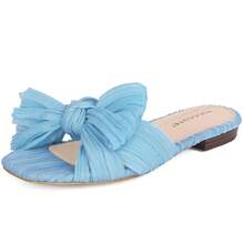 MUCCCUTE Women's Bow Flat Sandals Square Open Toe Fashion Slip On Slides Sandals Comfort Slippers For Summer - 藍色 - 查看 1