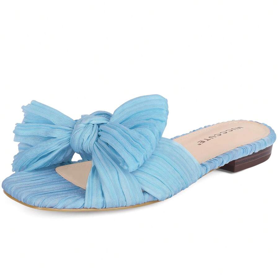 MUCCCUTE Women's Bow Flat Sandals Square Open Toe Fashion Slip On Slides Sandals Comfort Slippers For Summer - 藍色 - 查看 1