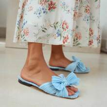 MUCCCUTE Women's Bow Flat Sandals Square Open Toe Fashion Slip On Slides Sandals Comfort Slippers For Summer - 藍色 - 查看 3