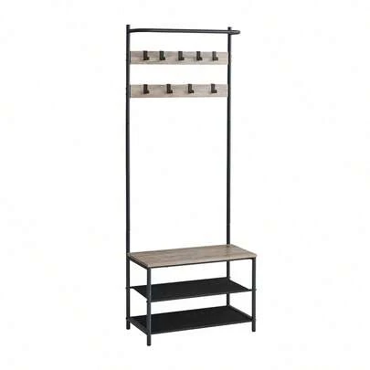 VASAGLE Perchero Zapatero, Perchero Recibidor, con Banco Zapatero, 9 Ganchos Extraíbles, Barra Superior, 32,2 x 64 x 180 cm, Entrada Dormitorio, Industrial, Greige y Negro, Regalo de Navidad