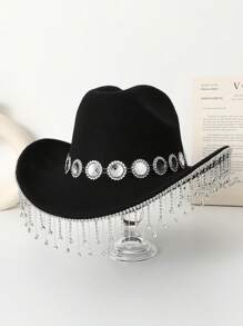 1 件纯色休闲可爱优雅复古波西米亚风复古宫廷风格派对涤纶水钻流苏牛仔西部帽，男女通用春夏秋冬派对节日软呢帽 - 彩色 - 查看 12