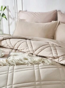 7 Piece Bed In A Bag Comforter Set Queen, Fashion Solid Geometry   Comforter And Sheet,Pillowcase Set, Soft Microfiber , Comfortable And Warm Bedding Set,Bedroom Decor For All Seasons,Ideal Gift - 卡其色 - 查看 5