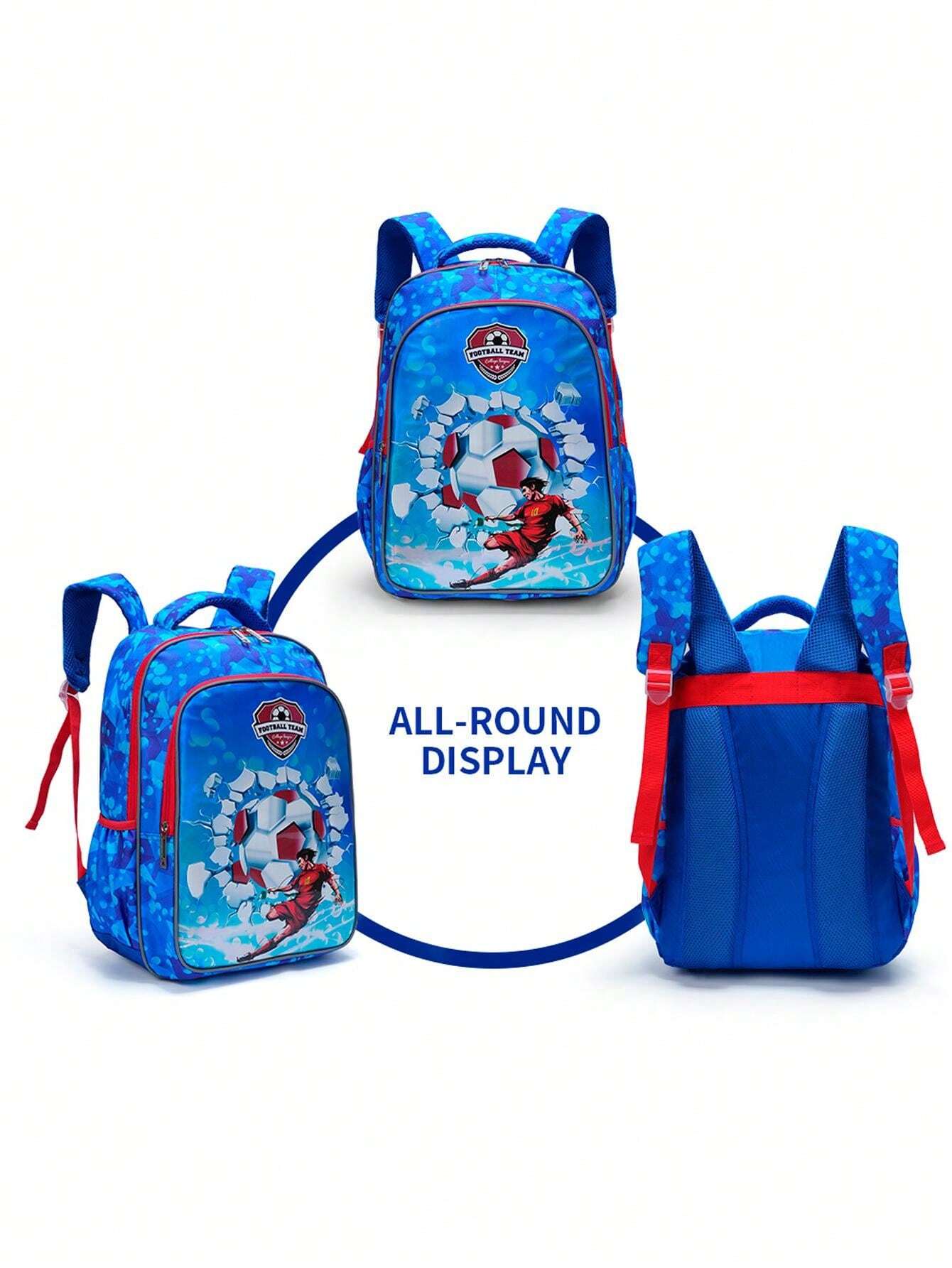 BLING BABIES 3PCS Set Backpack For Boys Cyan Cartoon Soccer Design Book