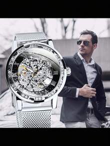 1 件经典复古冰晶镂空机械男表夜光指针奢华不锈钢表带商务休闲男士手表生日节日礼物 - 銀色 - 查看 4