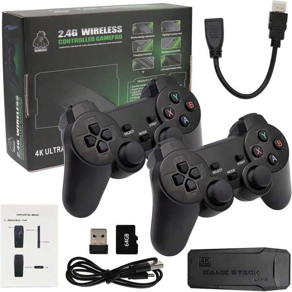 Wireless 4K HD Videospielkonsole Retro 20000+ Spiele TV Stick 64GB+ 2 Gamepad