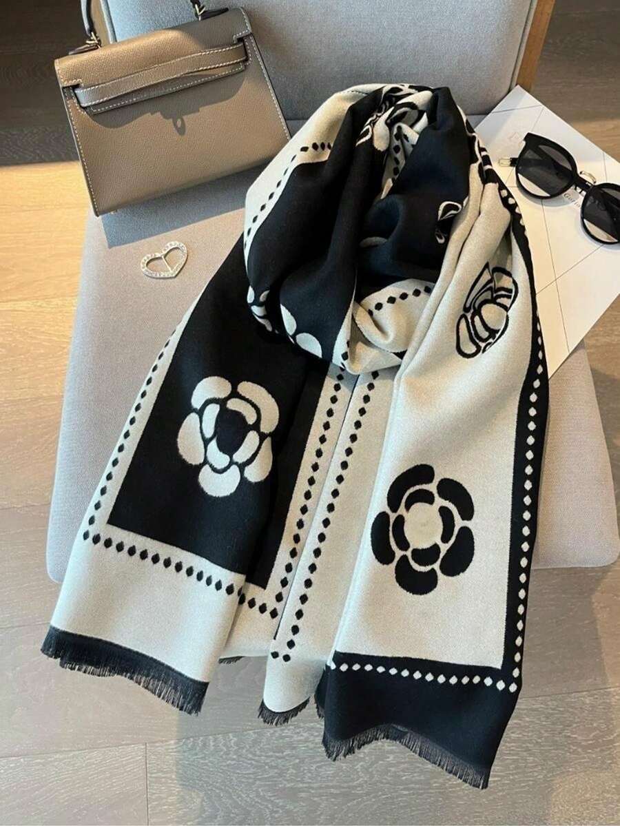 1 件女士花卉印花围巾，温暖百搭披肩，适合冬季空调房，长而厚 - 黑色 - 查看 1