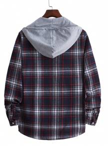 Men's Plaid Pattern Long Sleeve Hooded Shirt - Multicolor - View 2