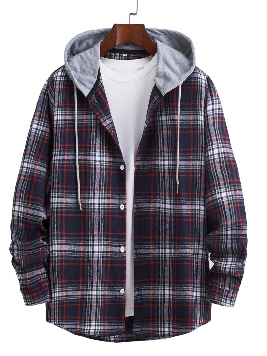 Men's Plaid Pattern Long Sleeve Hooded Shirt - Multicolor - View 1