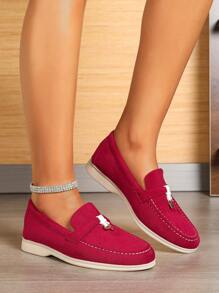 2024 Autumn/Winter Women Flat Round Toe Loafers, Casual Slip-On Leather Oxford Shoes, Wine Red/Angora Red/Deep Red Color, Plus Size 41-43